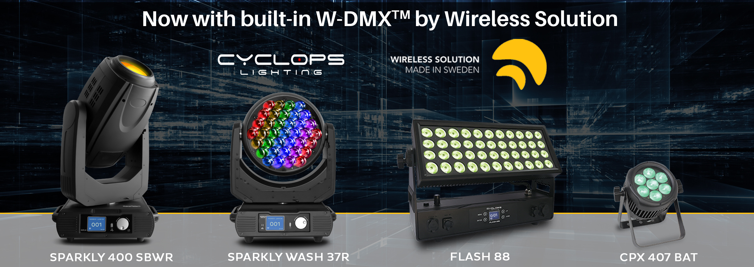 Limited Time Offer: Get a Free F1 Wireless DMX Transceiver with the purchase of a specific quantity of Cyclops Lighting W-DMX built-in Fixtures